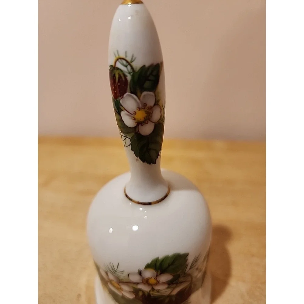 Vintage Porcelain Hand Bell Strawberries Floral Gold Accent‎ Decorative